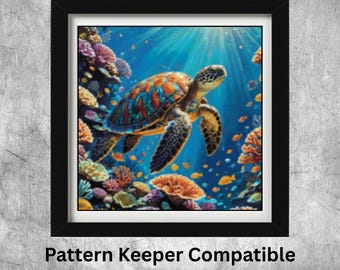 May include: Framed art print featuring a colorful sea turtle swimming in a vibrant underwater scene. The artwork showcases the turtle with a patterned shell, surrounded by coral and fish, set against a blue background. The text "Pattern Keeper Compatible" is at the bottom.