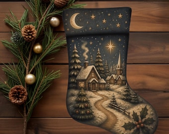 Kerstsok met landschapsmotief, borduurpatroon voor een complete kerstdecoratie.