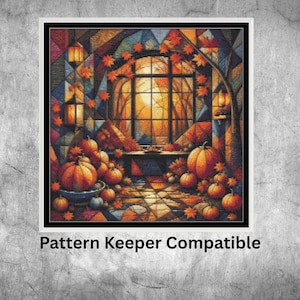 May include: A square cross stitch pattern featuring a stained glass window view of an autumn scene with orange pumpkins, falling leaves, and lanterns. The design includes a geometric border and the text Pattern Keeper Compatible at the bottom.