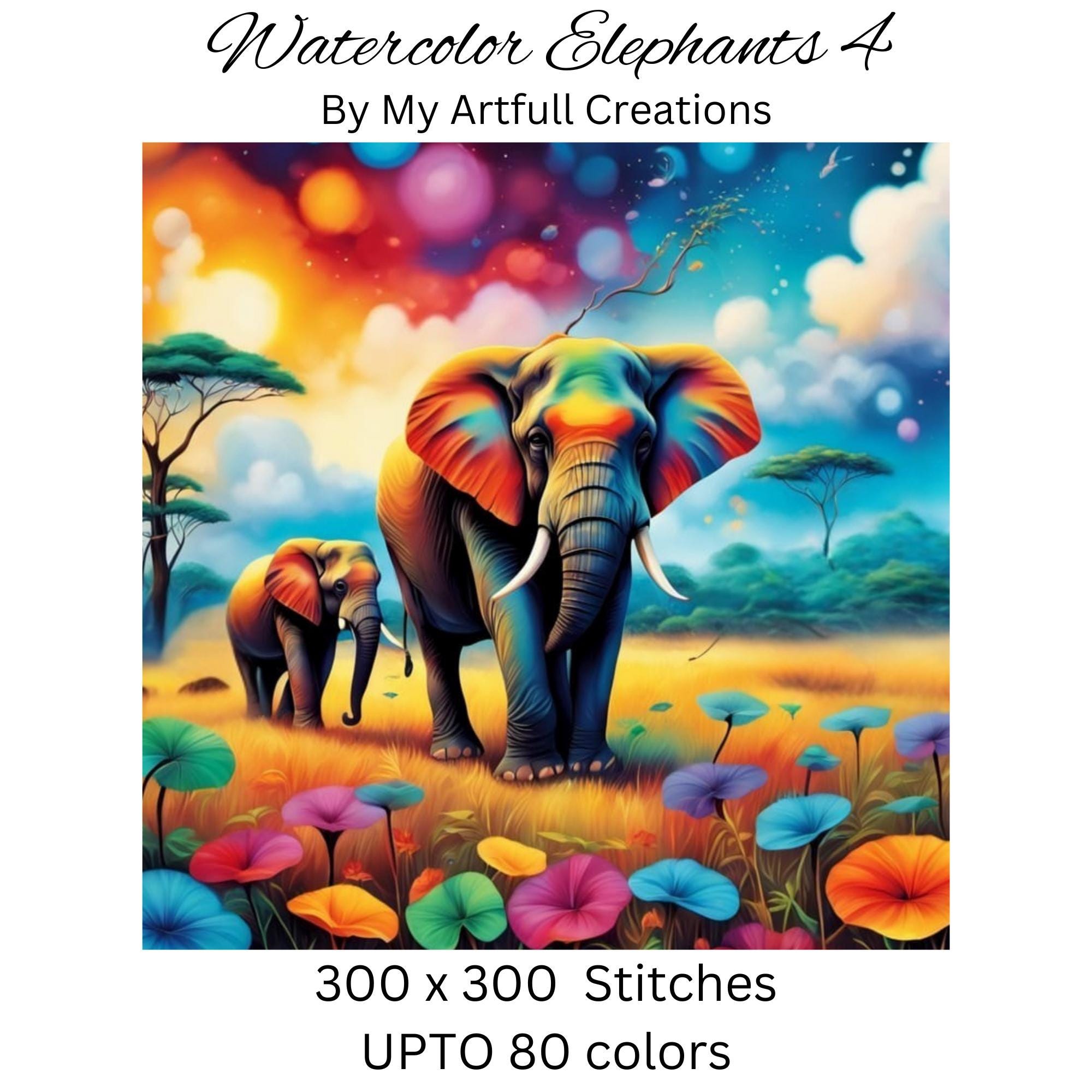 水彩画の象のクロスステッチパターン：刺繍（PDF） - Etsy 日本