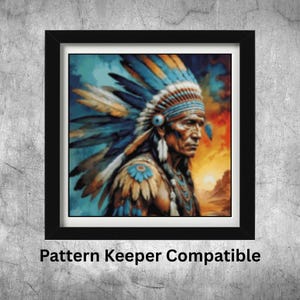 Könnte beinhalten: Gerahmtes Kunstwerk mit einem Porträt eines indianischen Häuptlings mit farbenfrohem Kopfschmuck. Das Kunstwerk hat einen schwarzen Rahmen und den Text "Pattern Keeper Compatible" am unteren Rand.
