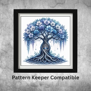 May include: A framed art print depicting a detailed tree illustration with blue and white flowers and hanging vines. The tree trunk has an intricate design, with a circular emblem at its core. The text "Pattern Keeper Compatible" is at the bottom of the image.
