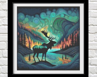 Abstract Moose, Counted Cross Stitch Patterns, Full Coverage, Printable Chart, Needlework, Embroidery