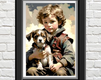 A Boy and Dog, Counted Cross Stitch Patterns, Printable Chart, PDF Format, Needlework, Embroidery, Crafts, DIY DMC color