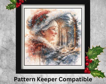 Mrs Clause, snowy forest, cross stitch chart, full coverage