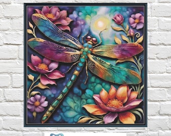 Vibrant Dragonfly 5, Counted Cross Stitch Patterns, Full Coverage, Printable Chart, Needlework, Embroidery