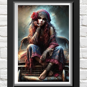Dibujo de punto de cruz gitano con coche antiguo, patrón de bordado bohemio, manualidades de bricolaje, diseño de bordado, arte de costura, regalo para artesanos