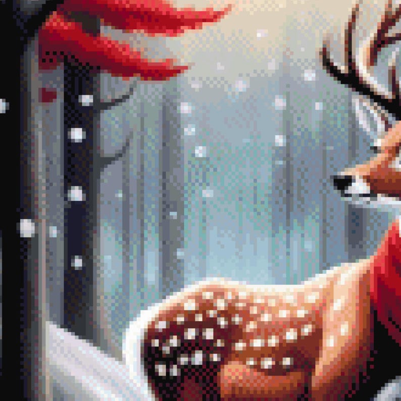 May include: A pixelated illustration of a deer in a snowy forest. The deer has brown fur with white spots and is wearing a red scarf. Red leaves are at the top left. The background features tall, gray trees and falling snow.