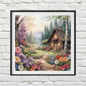 Hütte im Wald 2, rustikale Hütte Kreuzstichvorlage Wald Stickerei Design, Natur Nadelspitze Muster
