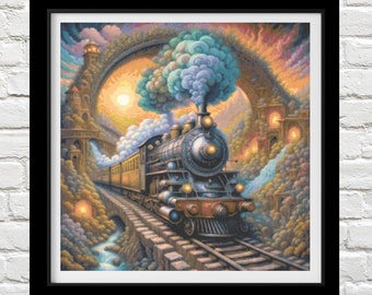 Fantastic Train,  Counted Cross Stitch Patterns - Printable Chart PDF Format Needlework Embroidery Crafts DIY DMC color