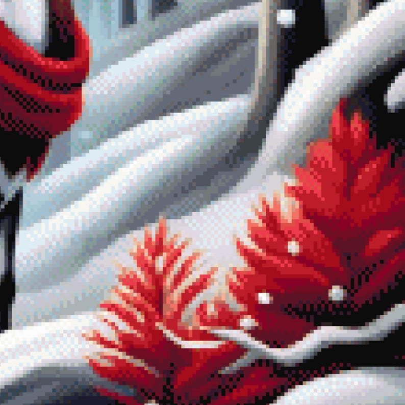 May include: A pixelated winter landscape featuring red foliage and snow-covered terrain. The image has a digital art style, with a focus on the contrast between the red and white elements.