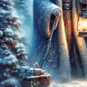 Puede incluir: Escena invernal con un &aacute;rbol de Navidad nevado a la izquierda y un edificio con una linterna encendida a la derecha. Los regalos est&aacute;n apilados frente al edificio. La paleta de colores es principalmente azul y blanco.