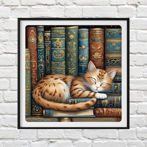 Cat on Bookshelf Cross Stitch Pattern: Feline Needlework (PDF)