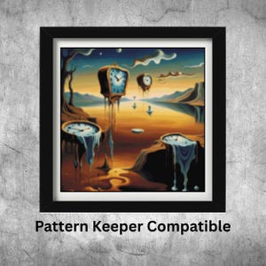 May include: A framed surrealist art print featuring melting clocks in a desert landscape. The artwork has a black frame and a white mat. The image includes the text "Pattern Keeper Compatible" at the bottom.