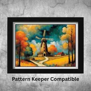 May include: A framed print of a colorful landscape featuring a windmill, trees, and a winding path. The artwork has a vibrant palette of orange, yellow, and blue hues. The text "Pattern Keeper Compatible" is at the bottom of the frame.