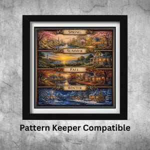 May include: A framed square wall art piece featuring four horizontal landscape panels labelled Spring, Summer, Fall, and Winter, depicting seasonal scenes with houses and nature. The text Pattern Keeper Compatible is printed below the black frame.