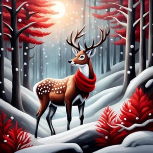 May include: A brown deer with white spots and large antlers, wearing a red scarf, stands in a snowy forest. The artwork features red trees and a bright sun, creating a winter scene. Snowflakes fall gently, enhancing the festive atmosphere.