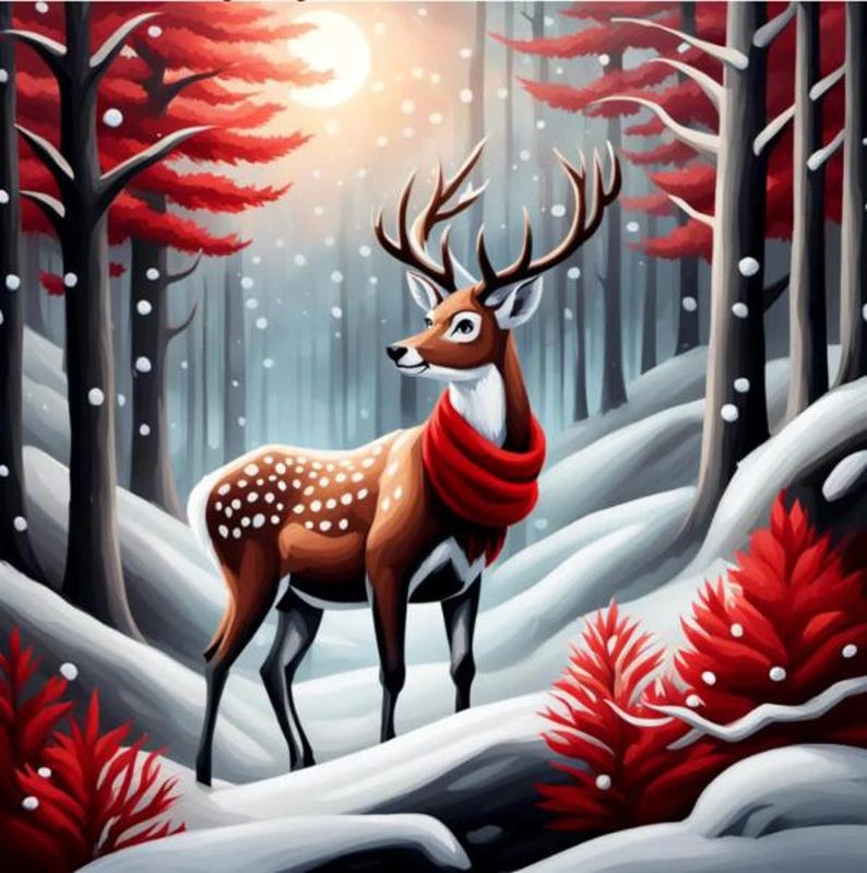 May include: A brown deer with white spots and large antlers, wearing a red scarf, stands in a snowy forest. The artwork features red trees and a bright sun, creating a winter scene. Snowflakes fall gently, enhancing the festive atmosphere.