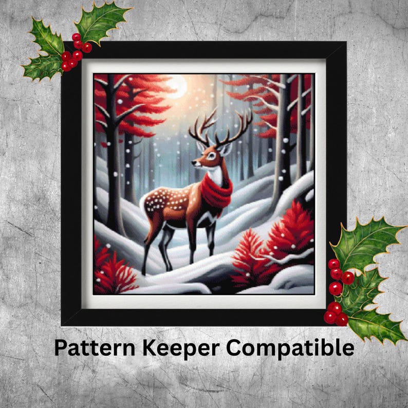 May include: A framed art print featuring a deer in a snowy forest scene. The deer has brown fur with white spots and wears a red scarf. The forest has red and white trees, with the text "Pattern Keeper Compatible" at the bottom.