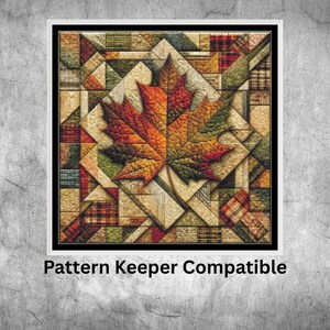 Op de afbeelding: Een vierkant kruissteekpatroon met een groot centraal esdoornblad in tinten rood, oranje en groen, tegen een geometrische achtergrond van beige, bruine en geruite stofachtige texturen. De tekst Pattern Keeper Compatible staat eronder.