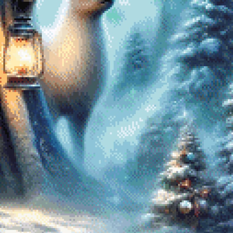 Puede incluir: Ilustraci&oacute;n digital de un oso polar en un paisaje invernal. El pelaje blanco del oso contrasta con los tonos azules y blancos de la escena. Una linterna proporciona un brillo c&aacute;lido, y los abetos cubiertos de nieve completan el entorno invernal.