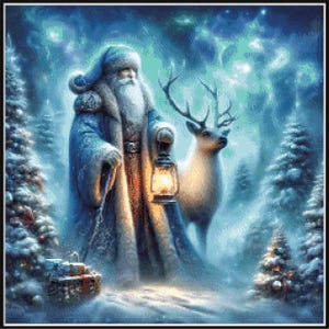 Puede incluir: Una pintura digital de Pap&aacute; Noel en un bosque nevado, sosteniendo una linterna. Un reno est&aacute; a su lado, con &aacute;rboles de Navidad en el fondo. La obra de arte est&aacute; representada en tonos de azul, blanco y marr&oacute;n, evocando un tema de vacaciones de invierno.