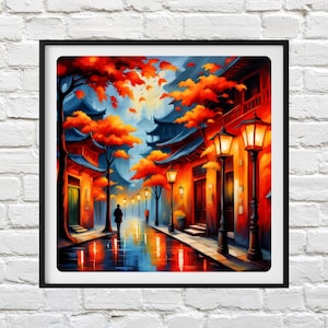Fall Streets, Fall Cross Stitch Template, Autumn Cross Stitch Outline, DIY Embroidery Pattern, Seasonal Needlework Project