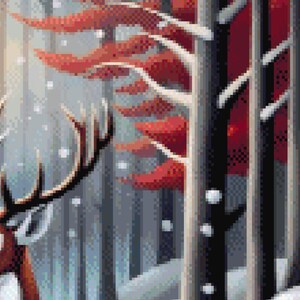 May include: Pixelated artwork of a winter forest scene. The image features a deer's antlers on the left, with snow falling. Red leaves are visible on the trees, and the trunks are black and white. The background is a soft blue.