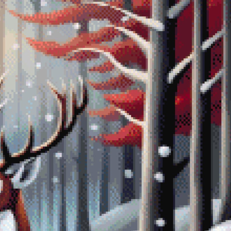 May include: Pixelated artwork of a winter forest scene. The image features a deer's antlers on the left, with snow falling. Red leaves are visible on the trees, and the trunks are black and white. The background is a soft blue.