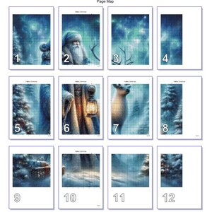 Puede incluir: Un mapa de p&aacute;ginas para un patr&oacute;n de punto de cruz titulado "Father Christmas". El mapa est&aacute; dividido en 12 secciones numeradas, cada una representando una parte de una escena invernal con una figura de Pap&aacute; Noel, un ciervo y paisajes nevados.