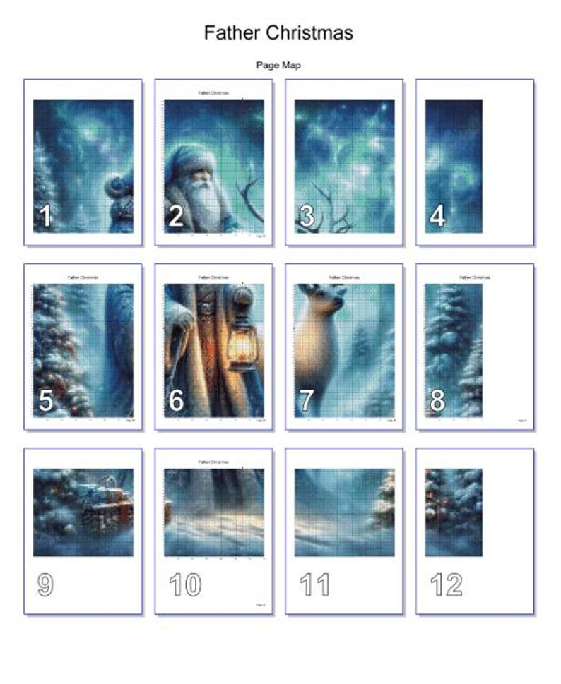 Puede incluir: Un mapa de p&aacute;ginas para un patr&oacute;n de punto de cruz titulado "Father Christmas". El mapa est&aacute; dividido en 12 secciones numeradas, cada una representando una parte de una escena invernal con una figura de Pap&aacute; Noel, un ciervo y paisajes nevados.