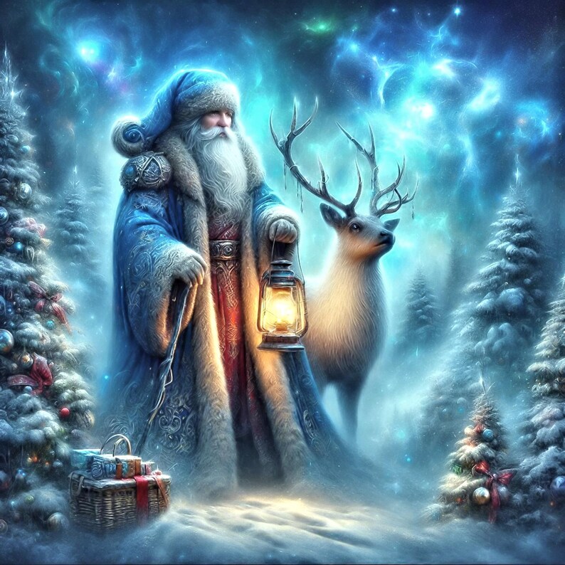 Puede incluir: Pintura digital de Pap&aacute; Noel con abrigo y gorro azules, sosteniendo una linterna, con un reno y &aacute;rboles de Navidad en un bosque nevado. Una cesta de regalos a sus pies, bajo un cielo estrellado.