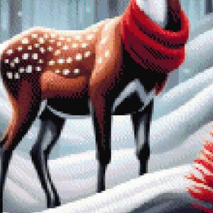 May include: Digital art of a deer in a snowy landscape. The deer has brown fur with white spots and a red scarf. The background is a snowy, pixelated scene with a hint of red foliage.