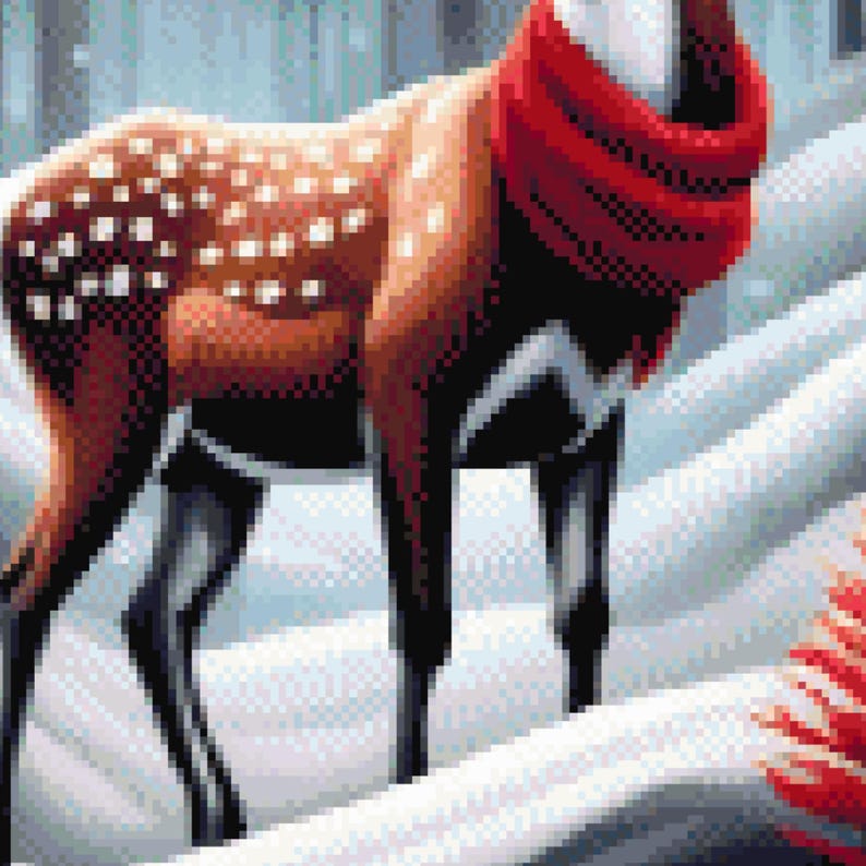 May include: Digital art of a deer in a snowy landscape. The deer has brown fur with white spots and a red scarf. The background is a snowy, pixelated scene with a hint of red foliage.