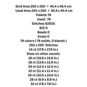 Puede incluir: Texto sobre un fondo blanco que detalla las especificaciones del punto de cruz. El &aacute;rea de la cuadr&iacute;cula y utilizada es de 45,4 x 45,4 cm. Enumera 79 colores, 62500 puntadas y varios tama&ntilde;os, incluyendo 14 ct (17,9 x 17,9 pulgadas).