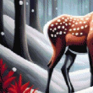 May include: A pixelated illustration of a deer in a winter forest. The deer has brown fur with white spots and black legs. The background features snow-covered trees and red foliage.