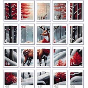 May include: A page map for a cross-stitch pattern titled "Red Christmas." The images depict winter scenes with red trees, snow, and deer. Each image is numbered from 1 to 20, providing a guide for the cross-stitch project.