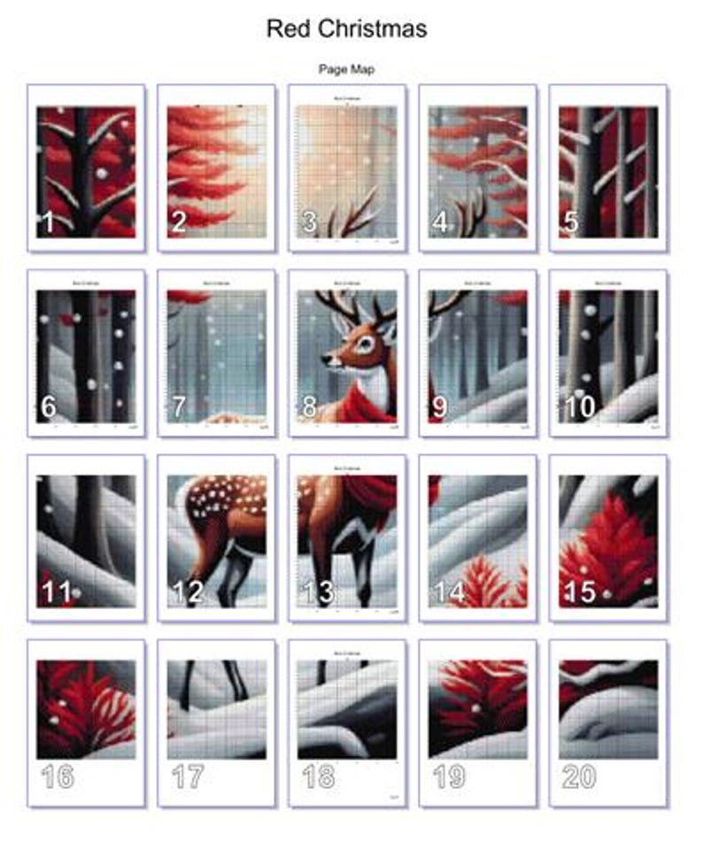 May include: A page map for a cross-stitch pattern titled "Red Christmas." The images depict winter scenes with red trees, snow, and deer. Each image is numbered from 1 to 20, providing a guide for the cross-stitch project.
