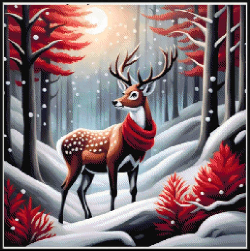 May include: A digital painting of a deer in a snowy forest. The deer has brown fur with white spots and a red scarf. The forest features red trees and snow-covered ground, with a bright sun in the background.