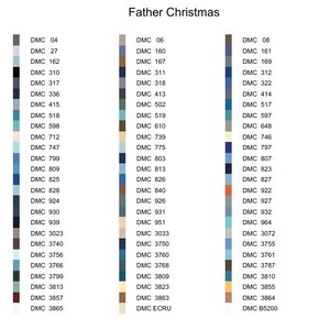 Puede incluir: Una carta de colores titulada "Father Christmas" con una lista de colores de hilo DMC y sus n&uacute;meros correspondientes. La carta incluye una variedad de colores, incluyendo azules, verdes, marrones y rojos.
