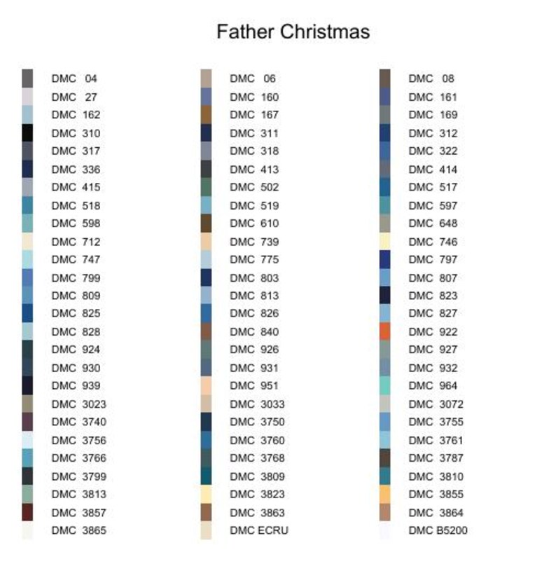 Puede incluir: Una carta de colores titulada "Father Christmas" con una lista de colores de hilo DMC y sus n&uacute;meros correspondientes. La carta incluye una variedad de colores, incluyendo azules, verdes, marrones y rojos.