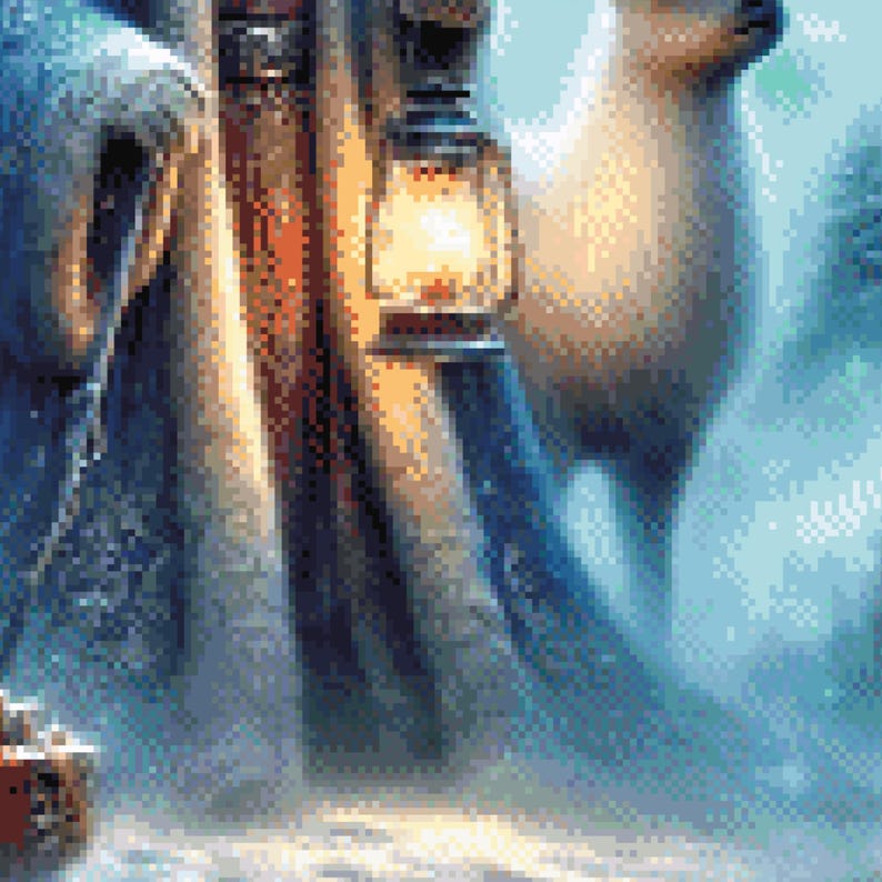 Puede incluir: Una pintura detallada representa una linterna con una luz c&aacute;lida y brillante, colgada en una escena invernal nevada. La linterna est&aacute; rodeada por un fondo borroso de un ciervo y un bosque nevado, creando un ambiente acogedor y festivo.