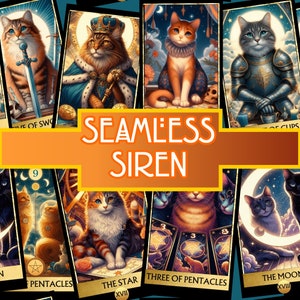 May include: A set of tarot cards featuring cats in various poses and settings. The cards are illustrated with a whimsical and colorful style. The cards include the Nine of Pentacles, The Star, Three of Pentacles, and The Moon.