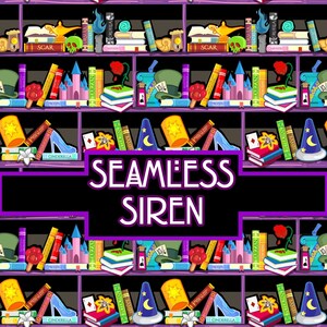 May include: A seamless pattern featuring a bookshelf filled with books, characters, and objects from Disney movies. The bookshelf is purple with gold accents. The characters include Cinderella, Scar, Ursula, and Tarzan. The objects include a magic lamp, a crown, a glass slipper, and a magic wand. The text "SEAMLESS SIREN" is displayed in the center of the image.