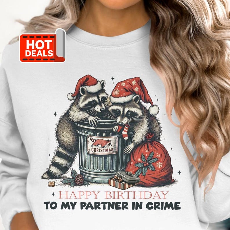 Cute Raccoon Happy Birthday Sweatshirt, Partner in Crime Christmas
