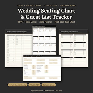 May include: A digital wedding seating chart and guest list tracker template set featuring Excel, Google Sheets, fillable PDF, and editable Word formats. The documents include tables for RSVP, meal counts, and table planning.