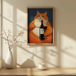 Plakat z motywem kota w stylu Mid Century Modern Bar Cart Decor Wine Print Retro Kitchen & Dining Room Wall Art Digital Download Cheers Trendy Print