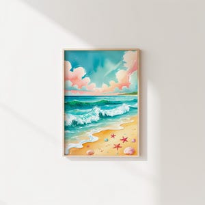 Coastal Beach Shells Art Print: Pastel Ocean Waves (Digital Download