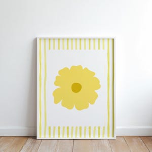 Minimalist Yellow Flower Wall Art – Modern Printable Floral Poster with Hand-Painted Stripes – Digital Download