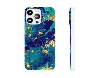 Marbled Phone Case, Blue and Gold, Glitter, iPhone and Samsung, iPhone 13, iPhone 12, iPhone 11, iPhone 8, Galaxy s22, Galaxy s10, Galaxy SE